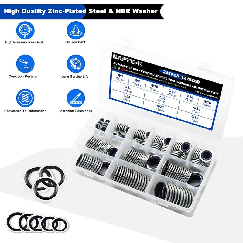 Daptemn 245PCS Bonded Sealing Washers, NBR Metric Zinc-Plated Steel Self-Centred Sealing Rubber Washers, Automotive Seal Gasket Crush O-Ring Assortment Kit Set, Includes Sizes of M6-M30 - Image 4